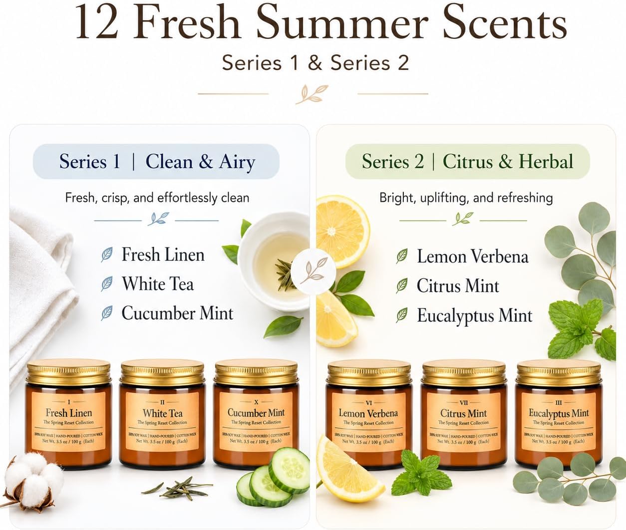 12 Pack Summer Scented Candles, 3.5 oz Amber Glass Jar Soy Candle Set, 8% Essential Oil Blend, Gifts for Women Birthday Housewarming