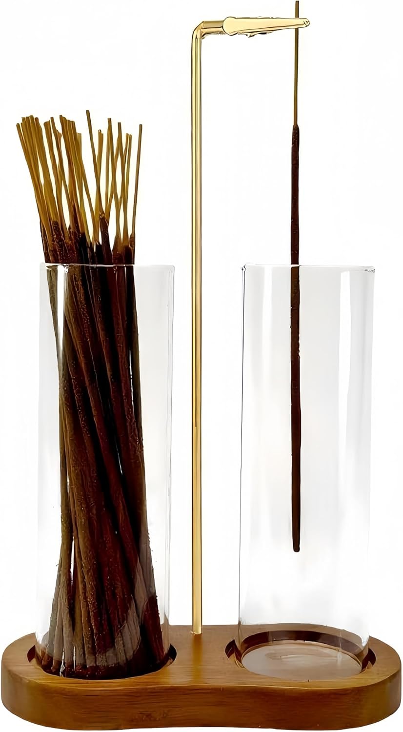 Incense Holder, Hang Upside Down Incense Sticks Burner Holder Storage with Glass Ash Catcher,Ideal Gift (Brown)
