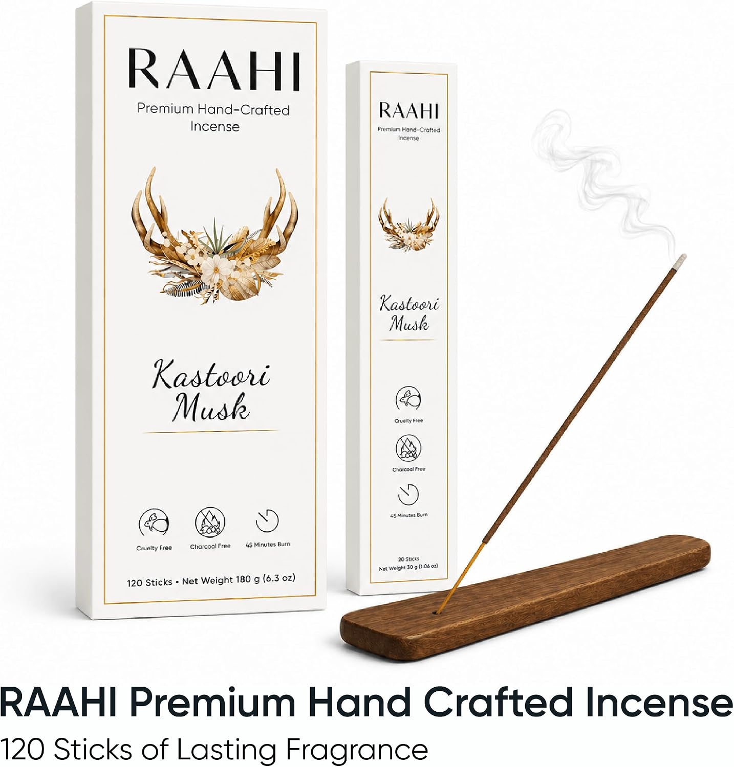RAAHI Kastoori Musk Incense Sticks with Holder, 120 Count, Handcrafted Scented Incense for Home Fragrance, Meditation, Yoga and Room Ambiance