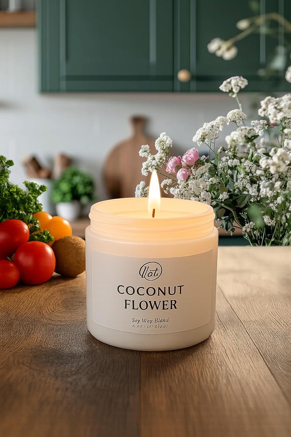 CW Studio Set of 4 Coconut Flower Scented Candles – Natural Soy Wax Blend – 6.5oz Frosted Sage Glass Jar with Gold Screw Lid – Single Cotton Wick, 33H, Smokeless (White)