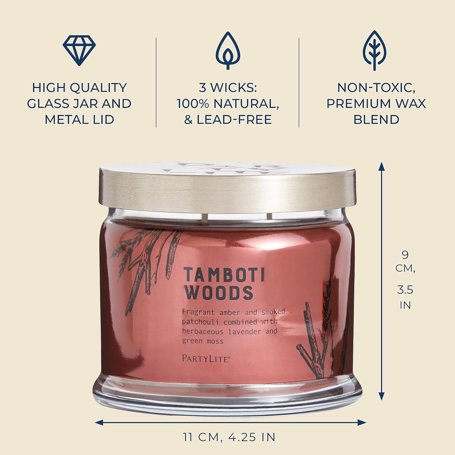 PartyLite Tamboti Woods Scented, Notes of Exotic Amber, Patchouli, Lavender & Green Moss, 13.2oz 3-Wick Jar Candle, 45 Hour Burn Time, Luxurious Fragrance, Perfect for Gifting