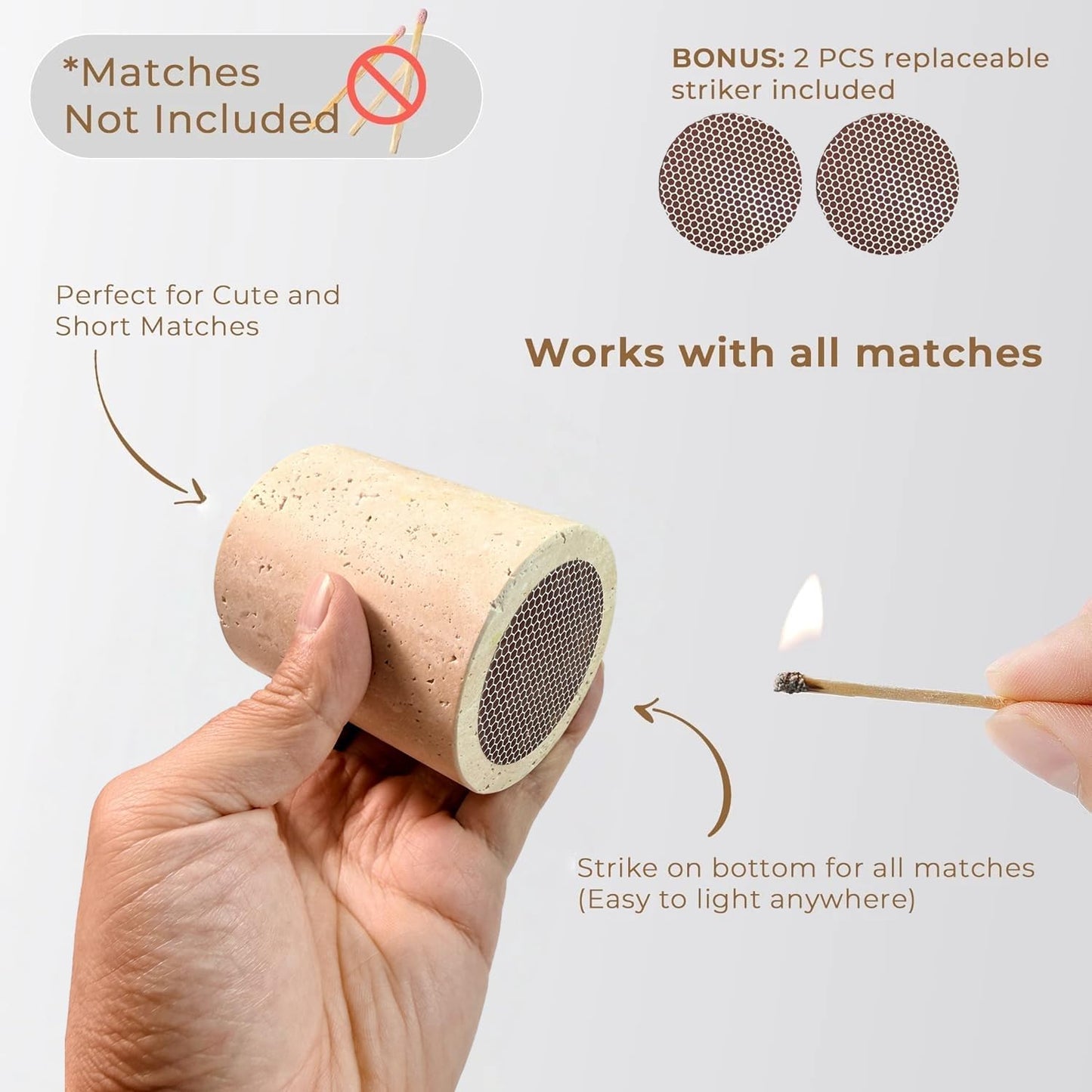 Match Holder with Striker Travertine Match Jar Decorative 2.5” x 3” Matchstick Organizer for Fireplace, Candles, Parlor Cute Match Jar for Home Decor Gift, Matches Not Included