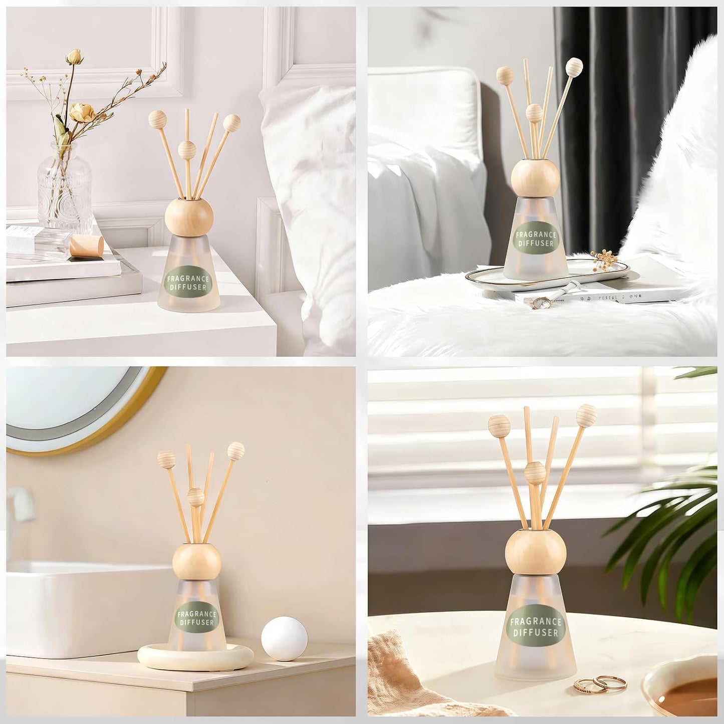 Reed Diffuser Set, Freesia Scent with Reed Sticks, 1.7 fl oz / 50ml Cone-Shaped Bottle with Round Wooden Cap, Ideal for Bathroom, Bedroom, Office, Home Fragrance for Shelf Decor Air Freshener