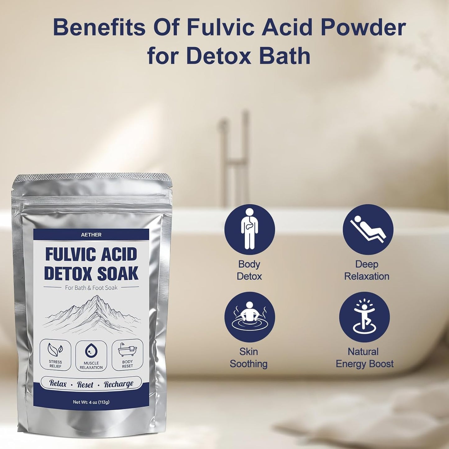 Fulvic Acid Detox Bath Soak, Mineral Bath Soak Powder for Body & Foot Soak, Fast Dissolving, Gentle for Sensitive Skin, Vegan Spa Gift, Includes 5g Scoop, 4oz(113g)