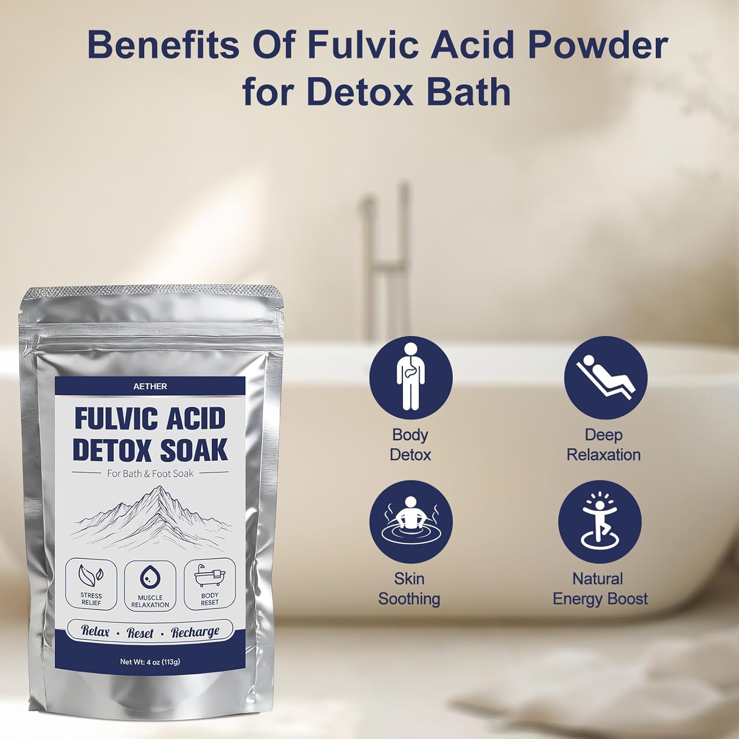 Fulvic Acid Detox Bath Soak, Mineral Bath Soak Powder for Body & Foot Soak, Fast Dissolving, Gentle for Sensitive Skin, Vegan Spa Gift, Includes 5g Scoop, 4oz(113g)