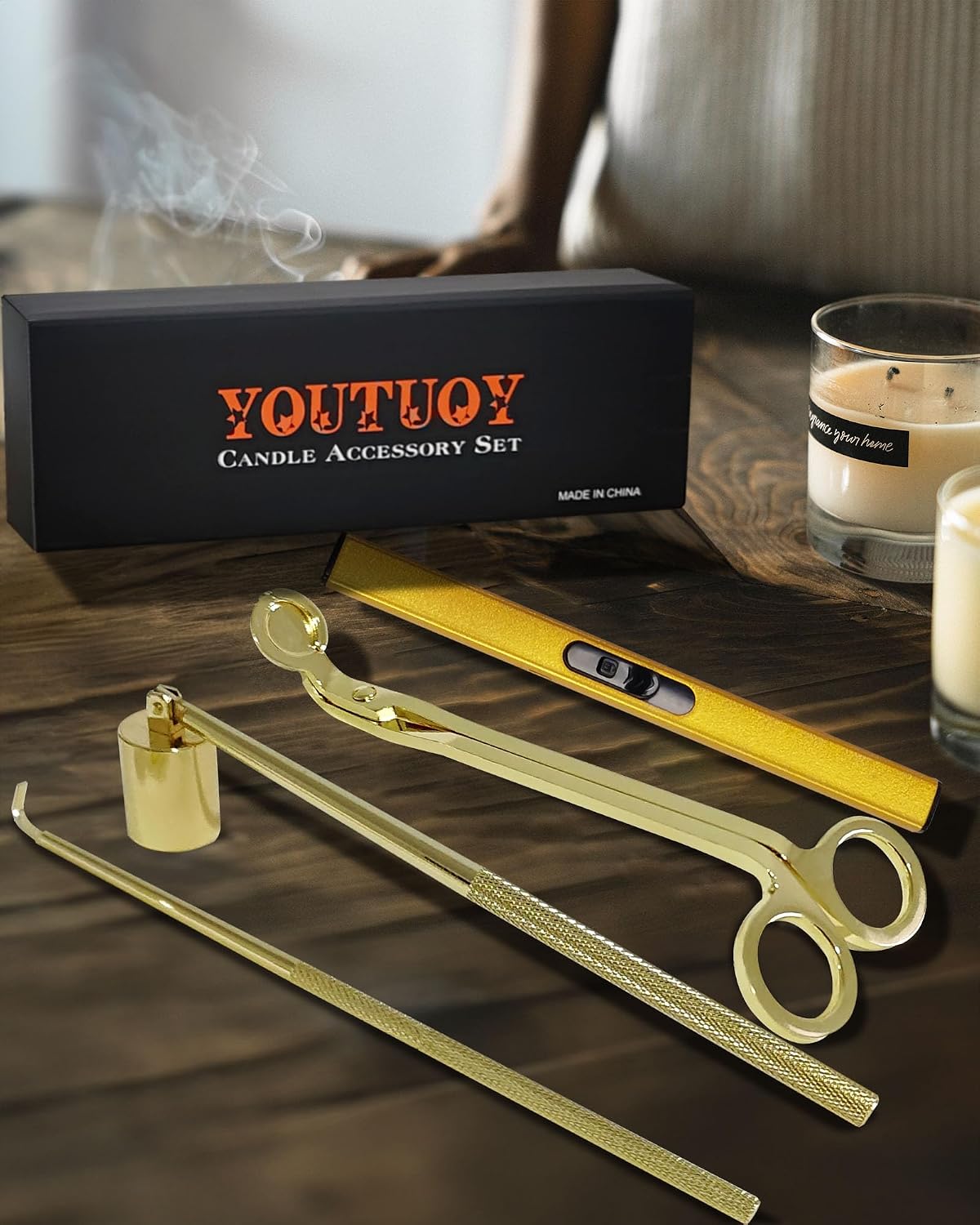 YOUTUOY 4 in1 Candle Accessory Set with Rechargeable Candle Lighter, Candle Wick Trimmer, Candle Wick Snuffer, Candle Wick Dipper, Candle Care Kit (Gold)
