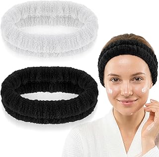 2Pcs Spa Headbands, Face Washing Headband Elastic Skincare Head Band Absorbent Quick-Drying Flannel Makeup Headband for Women Men Yoga, Sports, and Shower (Black, White)