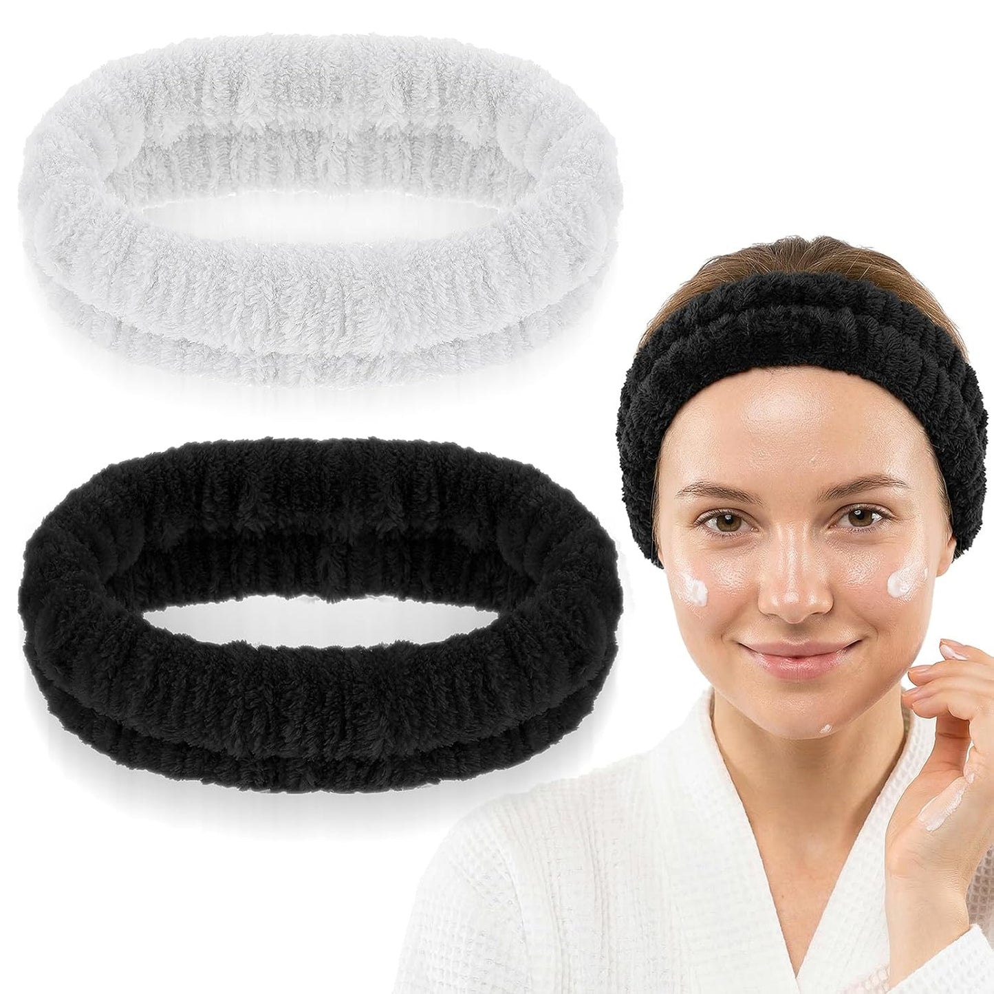 2Pcs Spa Headbands, Face Washing Headband Elastic Skincare Head Band Absorbent Quick-Drying Flannel Makeup Headband for Women Men Yoga, Sports, and Shower (Black, White)