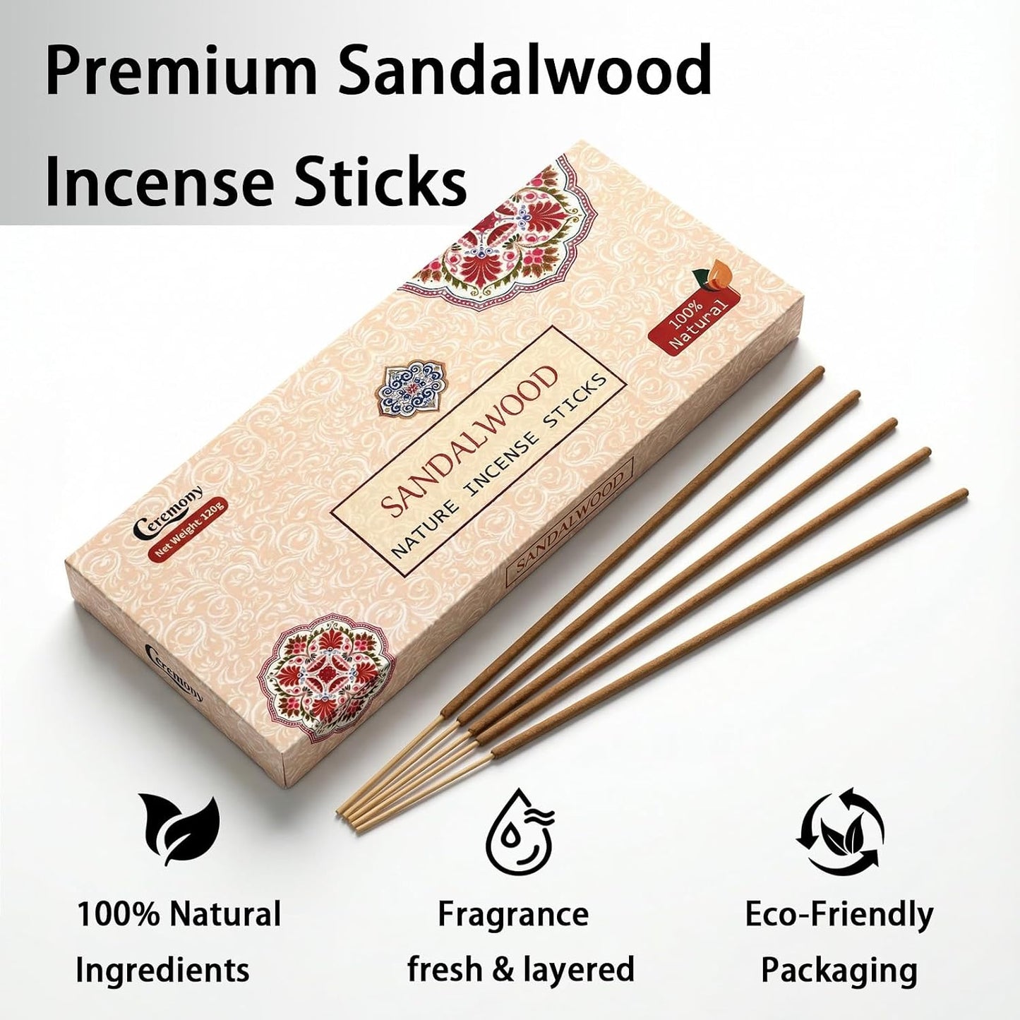Sandalwood Incense Stick 120 Sticks,Charcoal Free, All Natural, Non Toxic, Meditation & Stress Relief120g Full Sized