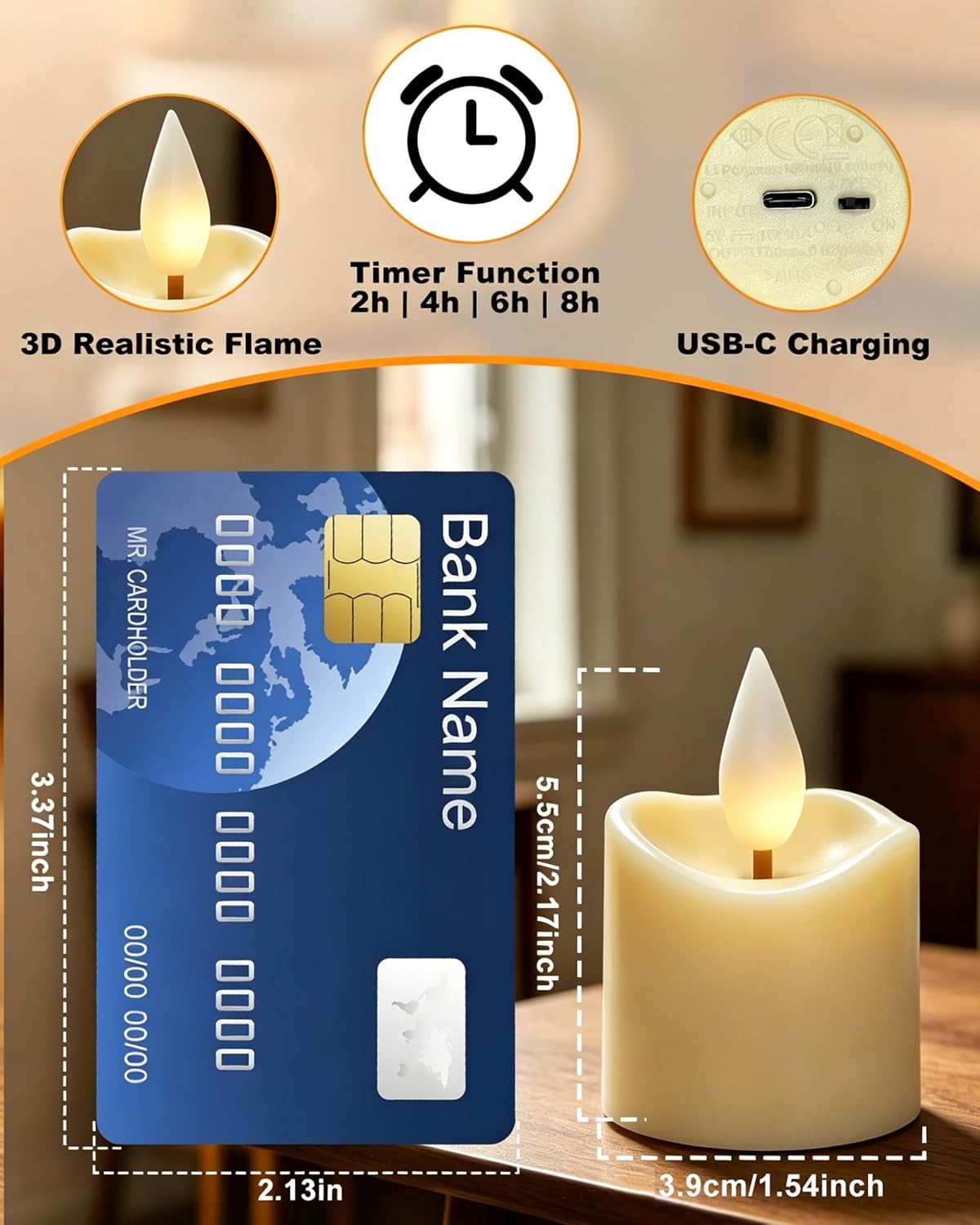 6Pcs Rechargeable Tea Lights: 1.5"x2.2" Flameless LED Votive Candles with Remote & Timer, USB Battery Operated Flickering Fake Tealights for Home Wedding Centerpiece Table Decor, Anniversary Christmas