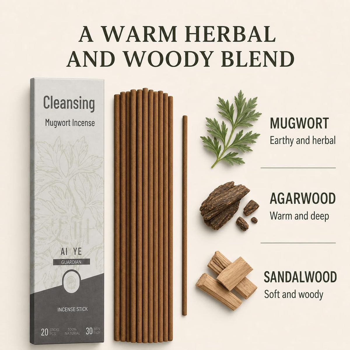 Mugwort Incense Sticks with Agarwood and Sandalwood