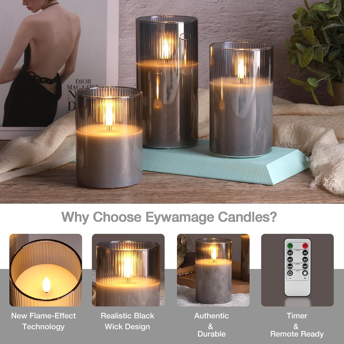 Eywamage Smoke Grey Ribbed Glass Flameless Pillar Candles with Remote, Flickering LED Wax Candles Battery Operated Set of 3
