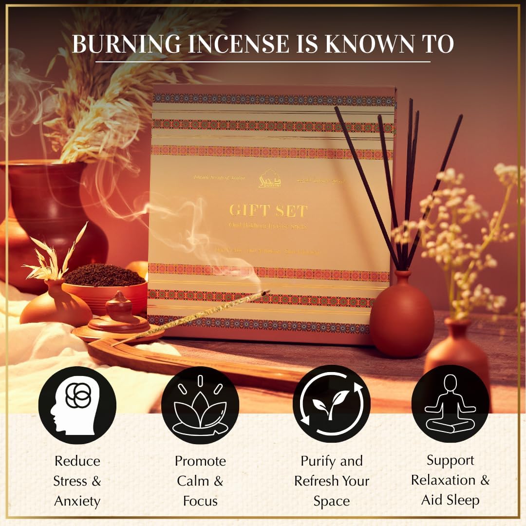 Premium Oud Incense Sticks Gift Set by Dukhni – 90 Oudh Agarwood Sticks I 3 Assorted Scents + Wooden Incense Holder | Long-Lasting Arabic Oud Fragrance | Luxury Aromatic Set | Islamic Gifts