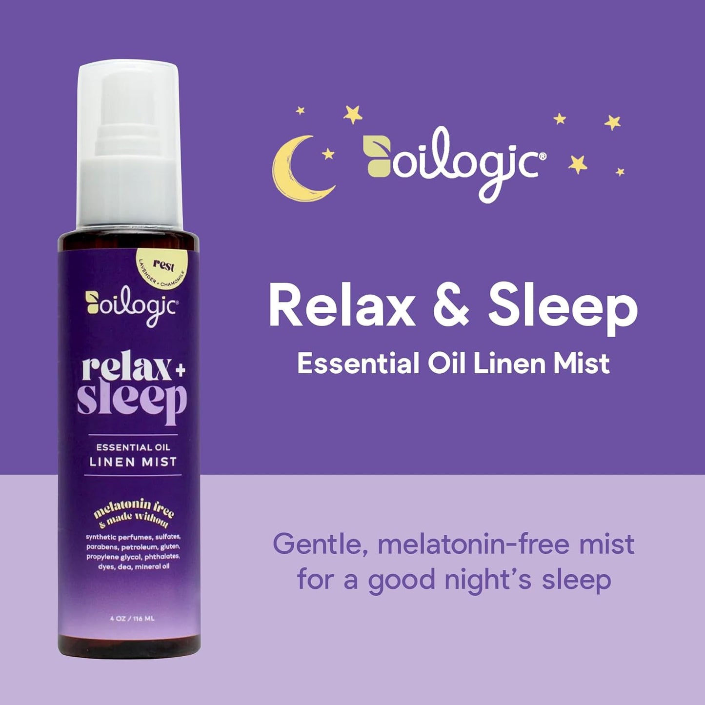 Oilogic Relax & Sleep Essential Oil Linen Spray - 100% Pure Essential Oils Promotes Restful Sleep, Comfort & Wellness - Aromatherapy Mist for Beddings, Pillows, Blankets, Pajamas & More, 4 Oz