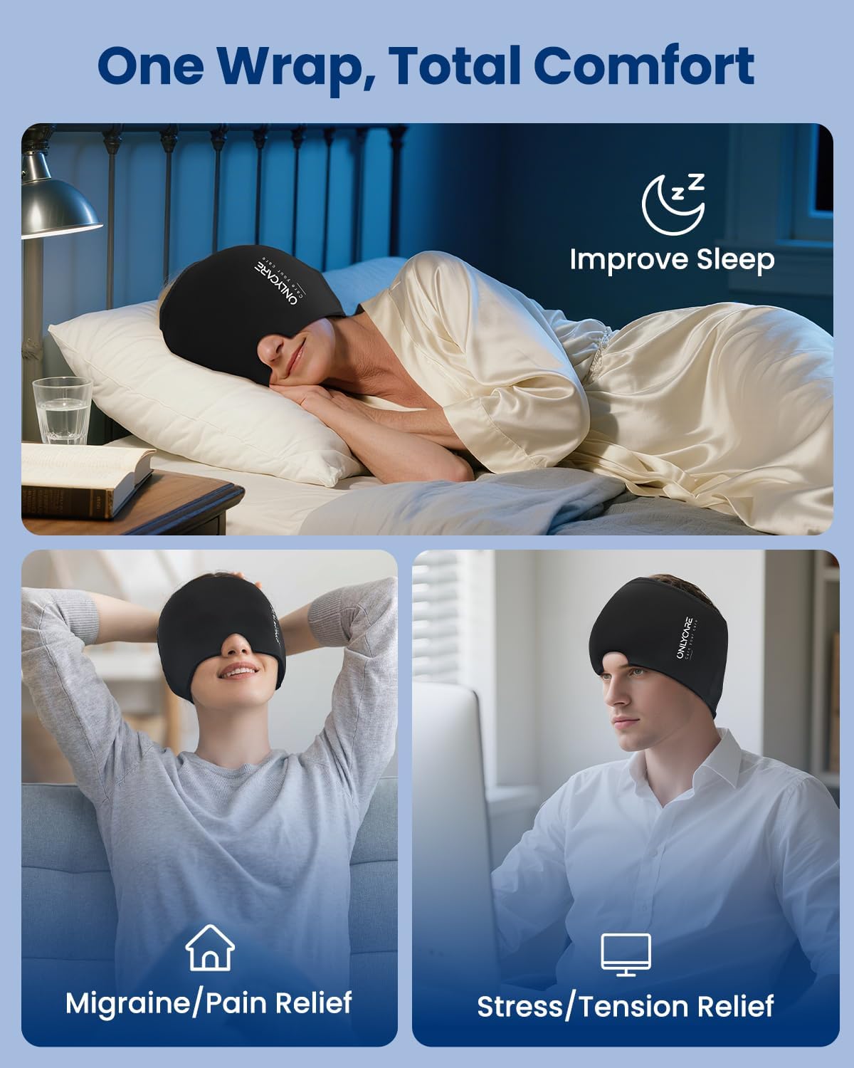 ONLYCARE Migraine Relief Cap, Upgraded Headache Relief Cap with Odorless Reusable Gel Head Wrap, Soothing Face Ice Pack Mask Products with Hot & Cold Therapy for Tension, Stress, Hangover & Puffy Eyes