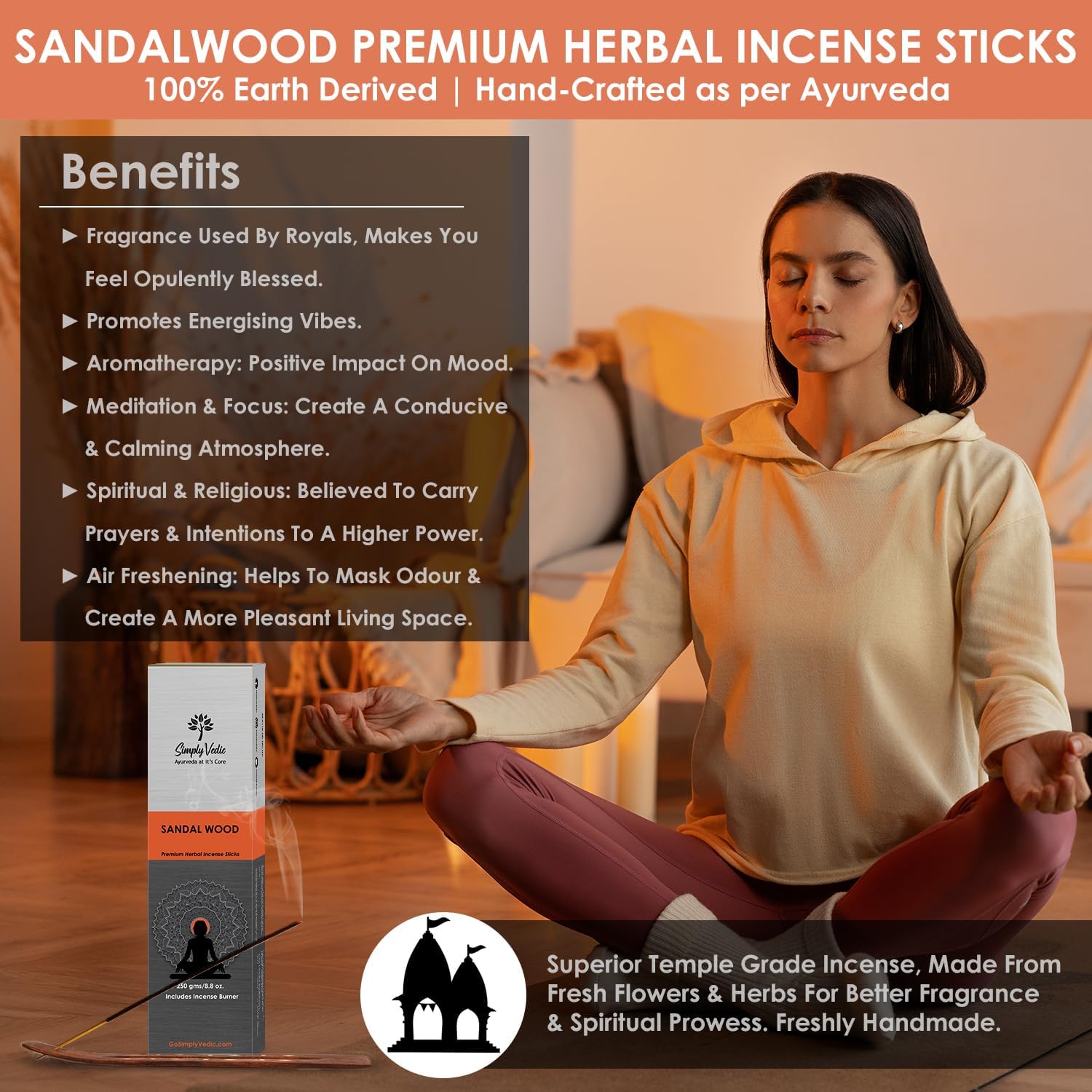 Simply Vedic Sandalwood Incense Sticks 250g (Approx. 135 Handmade Sticks) with Free Holder | 45 Min Burn | Natural Charcoal-Free Agarbatti for Meditation, Yoga, Aromatherapy, Relaxation
