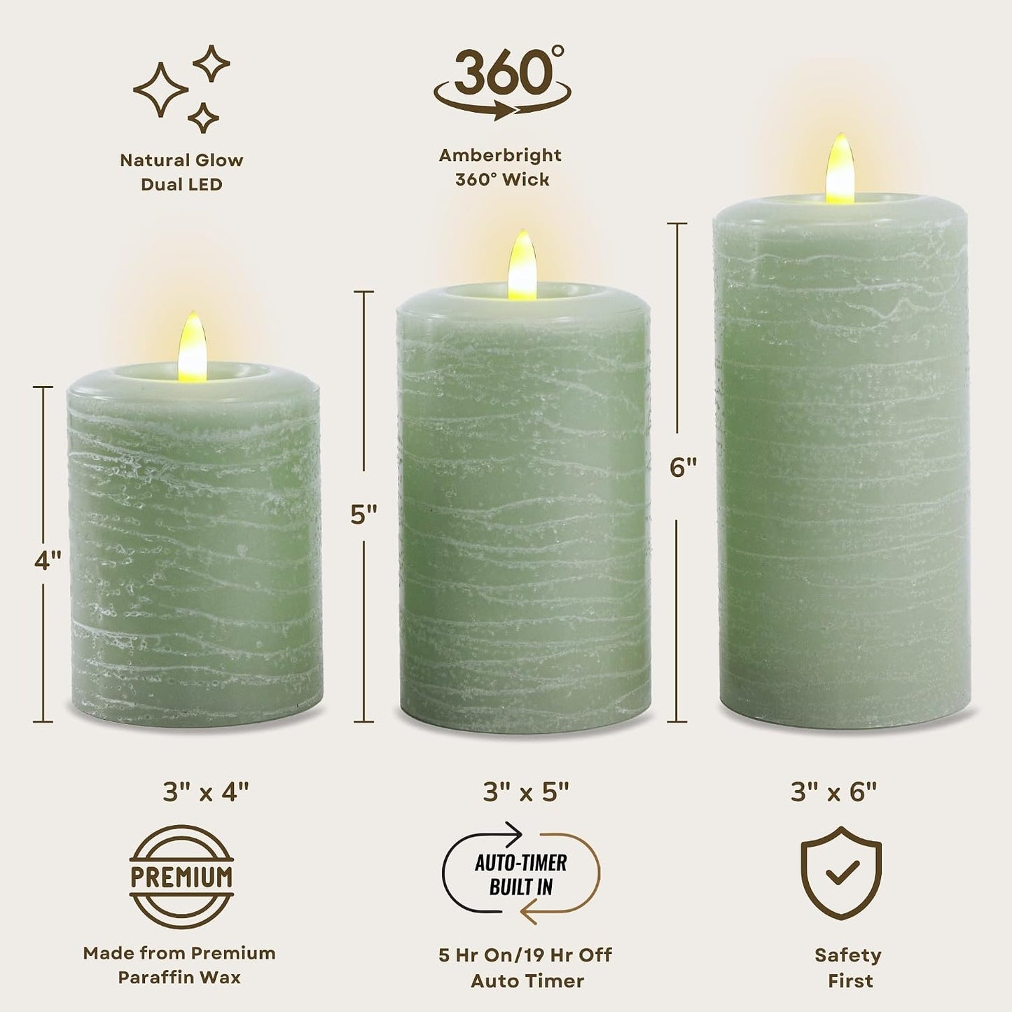 LumiPur Essentials Natural Glow Flameless Flickering Wax Pillar 3 Pack LED Candles (3" x 4" 5" & 6") Sage Green