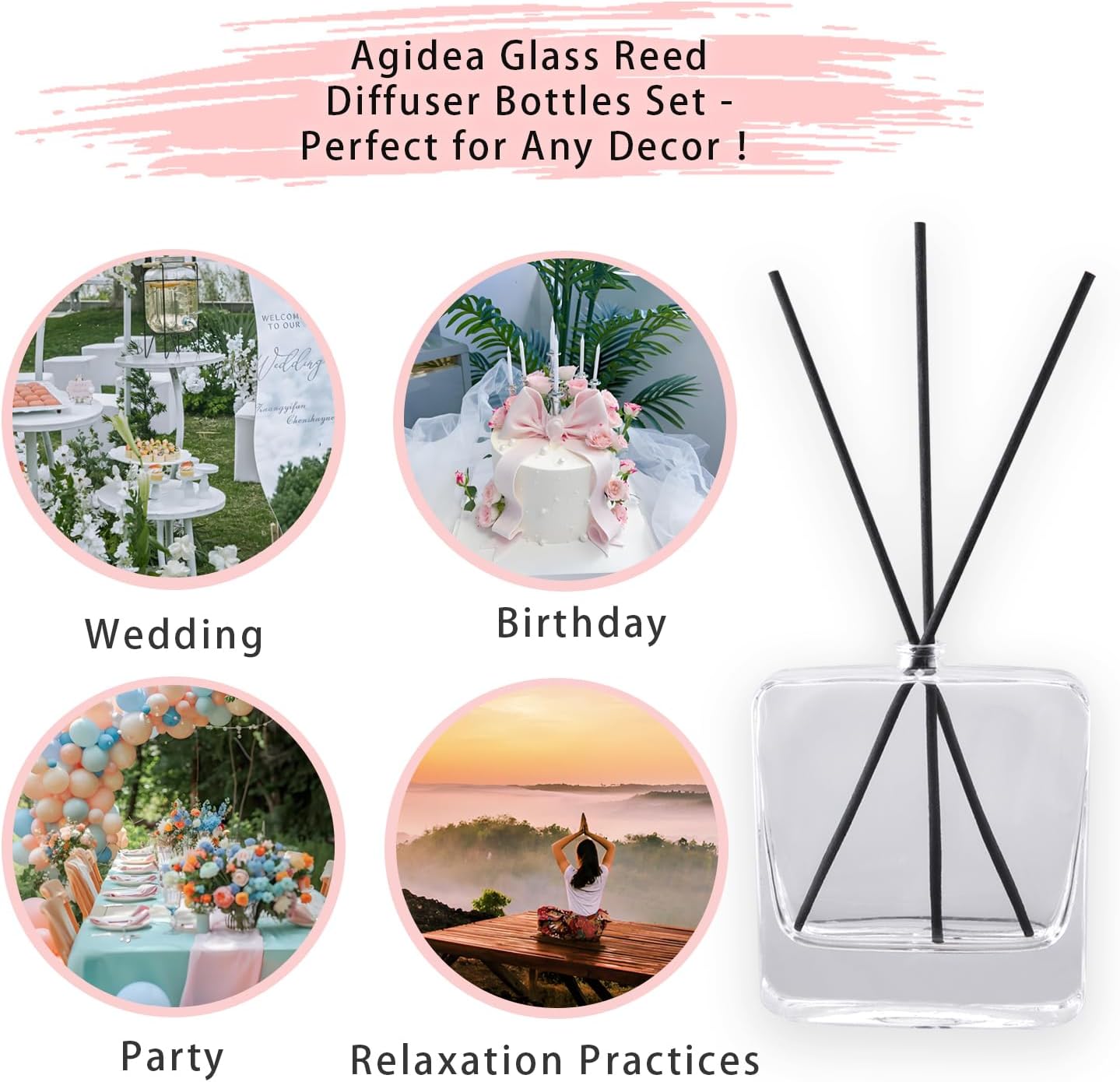 4PCS Empty Clear Glass Diffuser Bottles,100ML/3.5Oz Refillable Fragrance Set with 20pcs Reeds Sticks & Rubber Stopper & Funnels for DIY Essential Oil