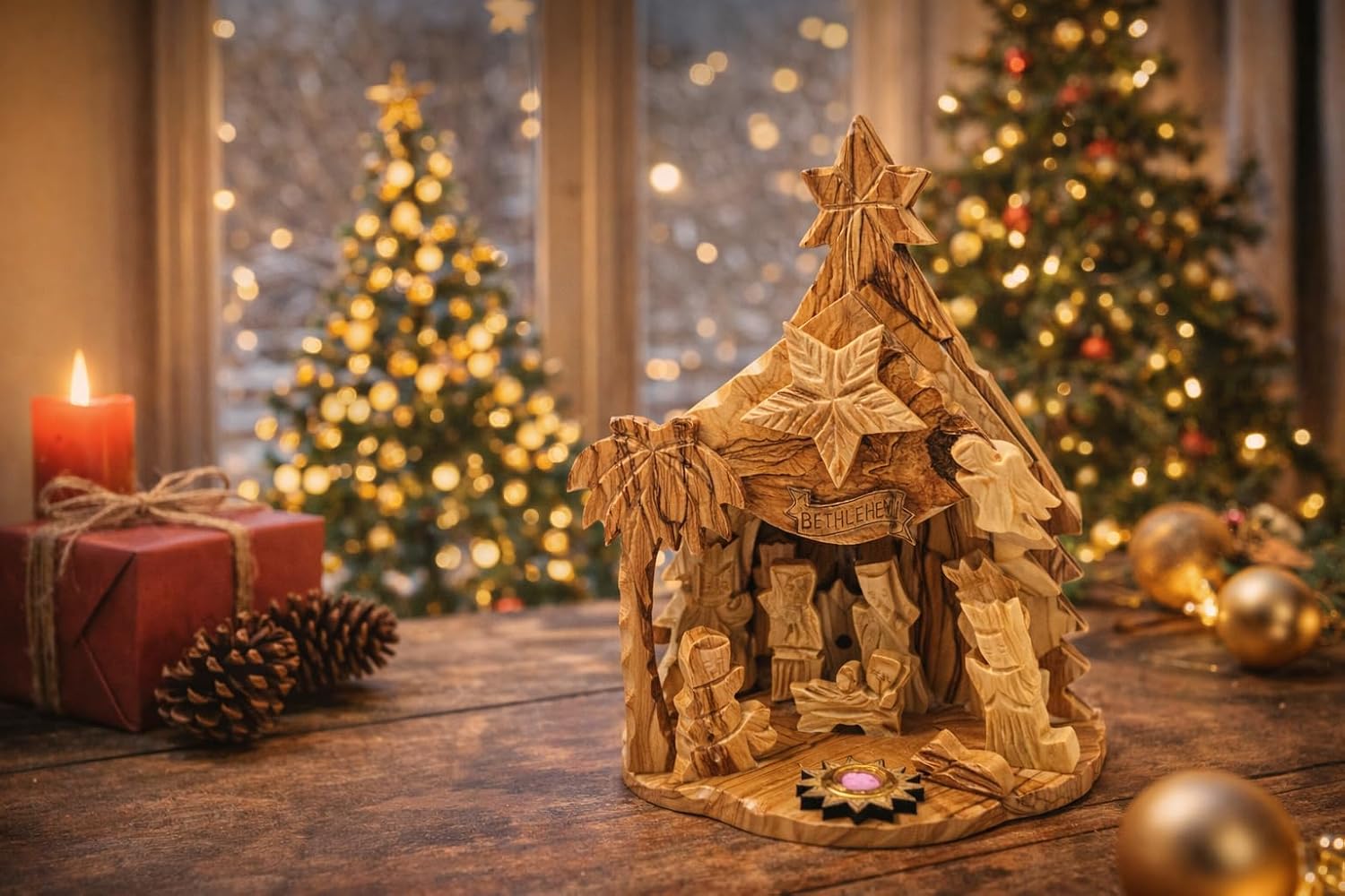 Zuluf Olive Wood Musical Nativity Set | Handcrafted Tabletop Christmas Scene with Incense & Holy Land Certificate | Christian Holiday Decor Gift for Home Display, 8x6 Inches