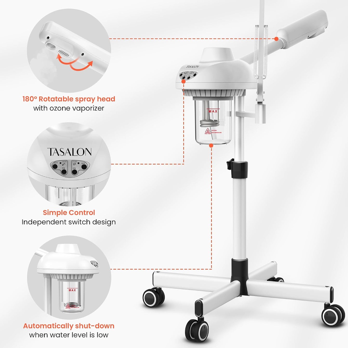 TASALON 2-in-1 Professional Facial Steamer with 5X Magnifying Lamp, Esthetician Steamer on Wheels with Ozone and Hot Mist, Standing Face Steam for Facial Deep Cleaning and Moisturize, SPA & Beauty