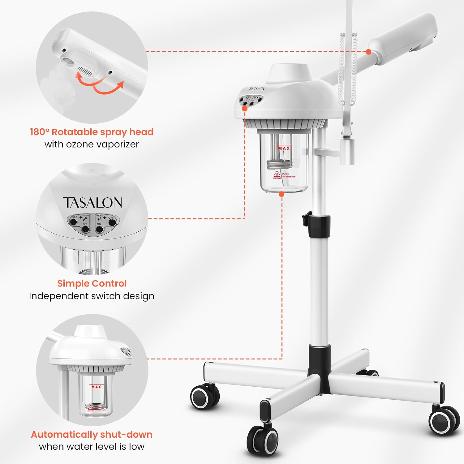 TASALON 2-in-1 Professional Facial Steamer with 5X Magnifying Lamp, Esthetician Steamer on Wheels with Ozone and Hot Mist, Standing Face Steam for Facial Deep Cleaning and Moisturize, SPA & Beauty