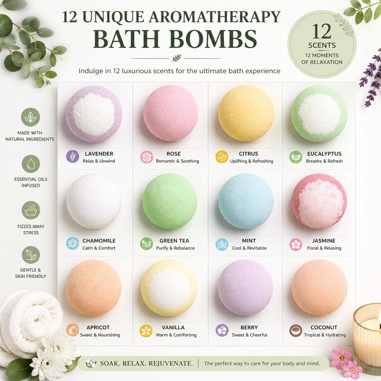 Bath Bomb Gift Set for Women & Men – 12 Pack Lavender & Eucalyptus Aromatherapy Spa Fizzies with Essential Oils & Shea Butter, Relaxing Self Care Gifts, Wellness Spa Gifts