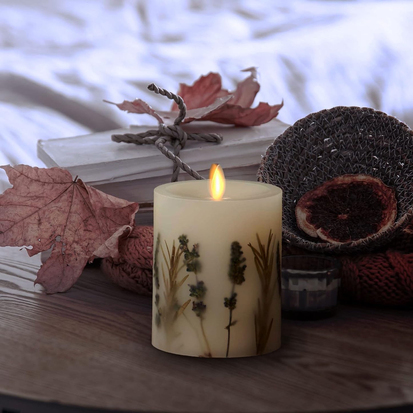Luminara Realistic Artificial Moving Flame Pillar Candle with Lavender & Rosemary Inclusion - Moving Flame LED Battery Operated Lights - Remote Ready - Remote Sold Separately - 3.25" x 4.5"