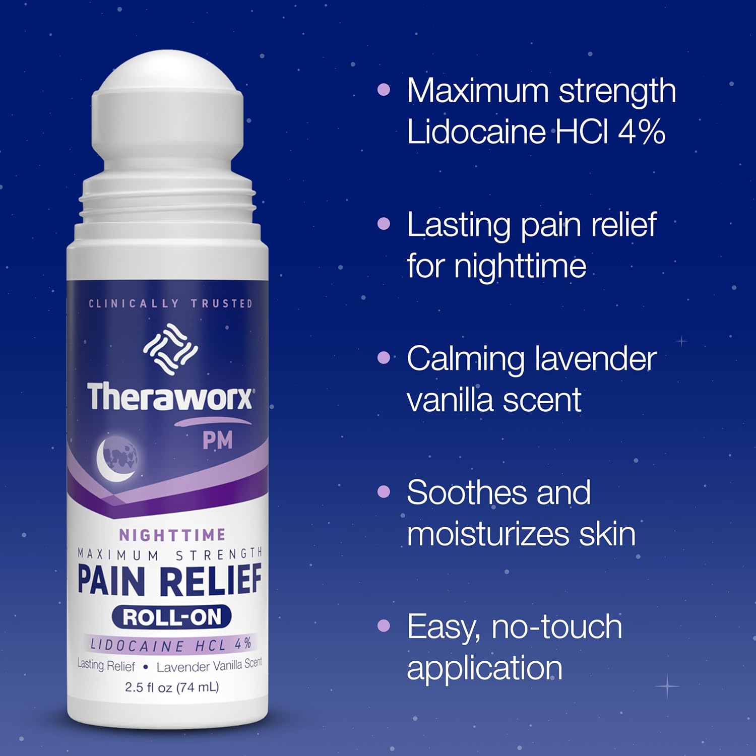 Theraworx Nighttime Maximum Strength Pain Relief Roll-on with Lidocaine – 2.5 oz - 2 Count