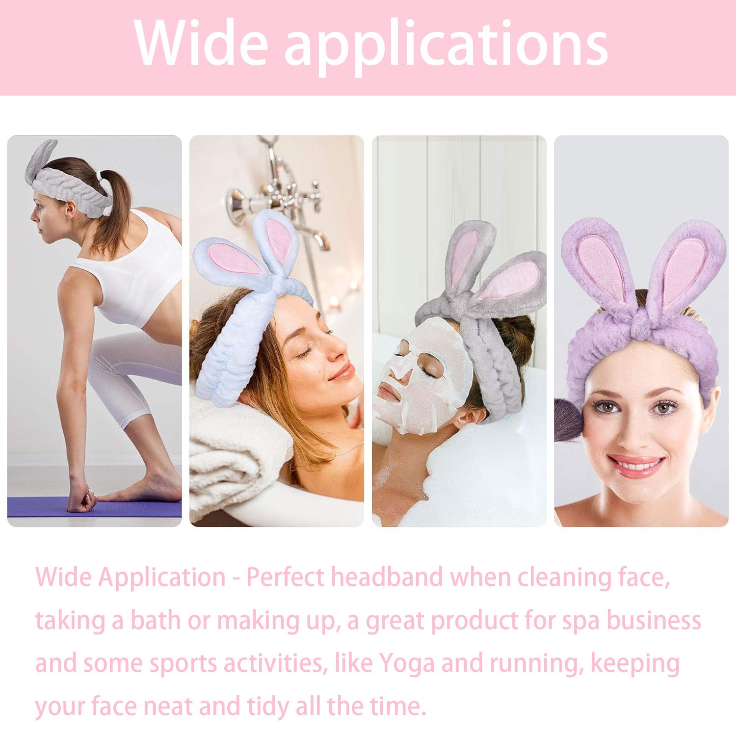 musejoy 2 Pcs Headband Bunny Ears Headband Cute Spa Headbands for Washing Face Skincare Makeup Headbands for Women Girls Trendy Stuff Present Soft Coral Fleece Hair Accessories(Pink+White)