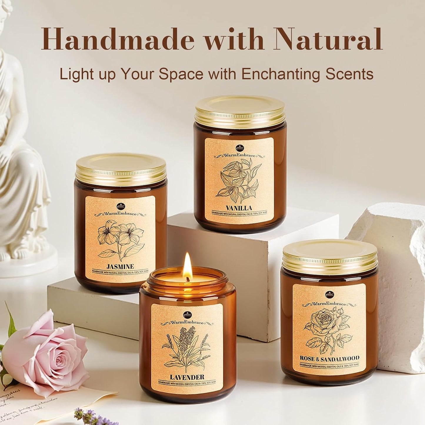 WarmEmbrace Lavender Candles, 4-Pack Scented Candle Set for Women, 7.6 oz Natural Organic Soy Wax in Glass Jar, 160 Hours Long-Lasting Burn, Perfect for Mother's Day, Birthday Gifting (4 Fragrance)