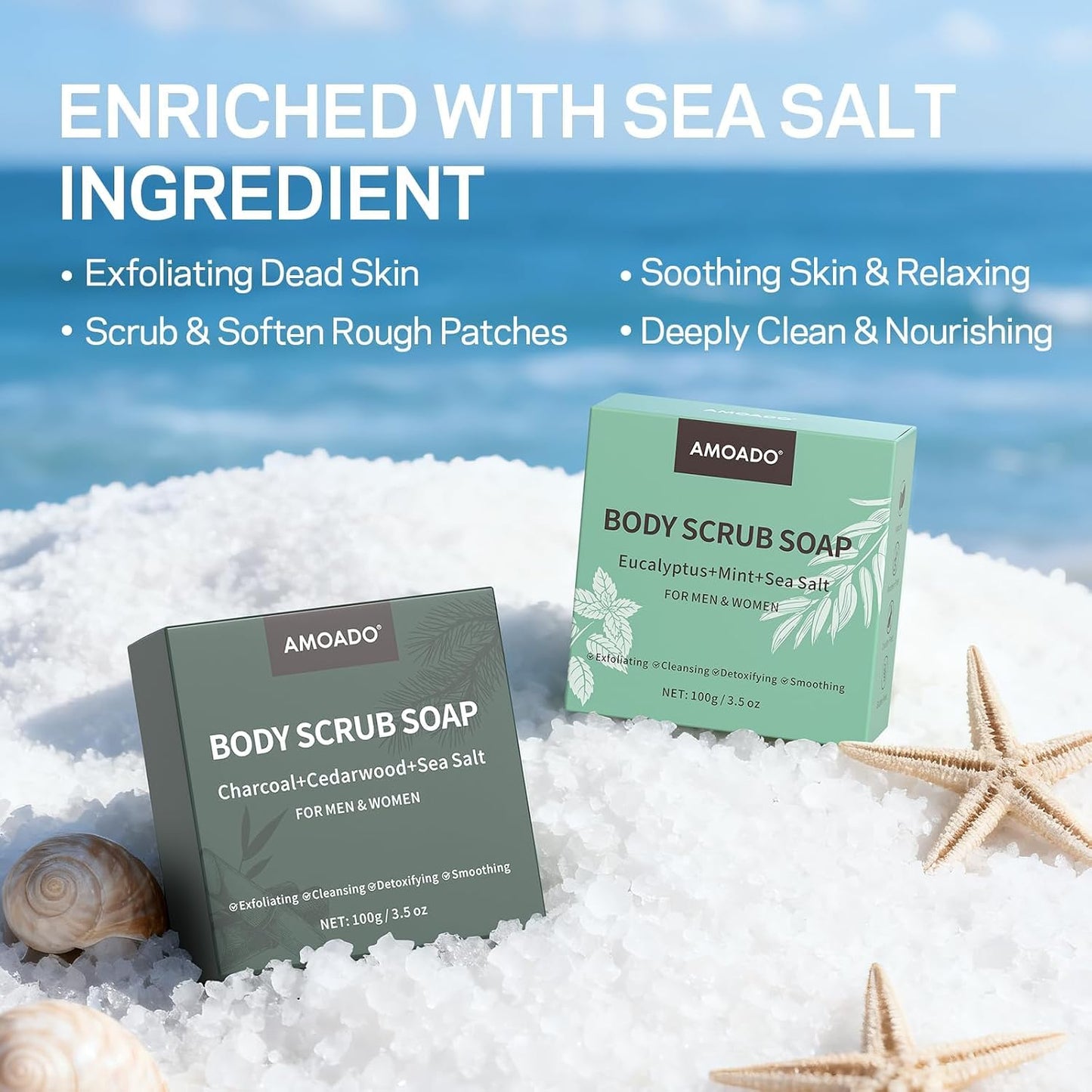 Exfoliating Body Scrub Soap Bar, 2 Pack Eucalyptus & Charcoal Soaps, Dead Sea-Salt Exfoliating Soap for Men & Women, Detox Cleansing, Smooth & Soften Skin, Soap Bars for Gifts