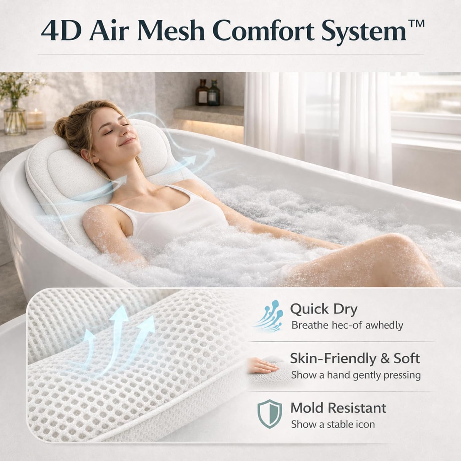 Full Body Bathtub Pillow, Extra Long & Thick Bath Cushion with Strong Suction Cups, Soft Head Neck & Back Support for Master Bathroom Evening Soaking (White)