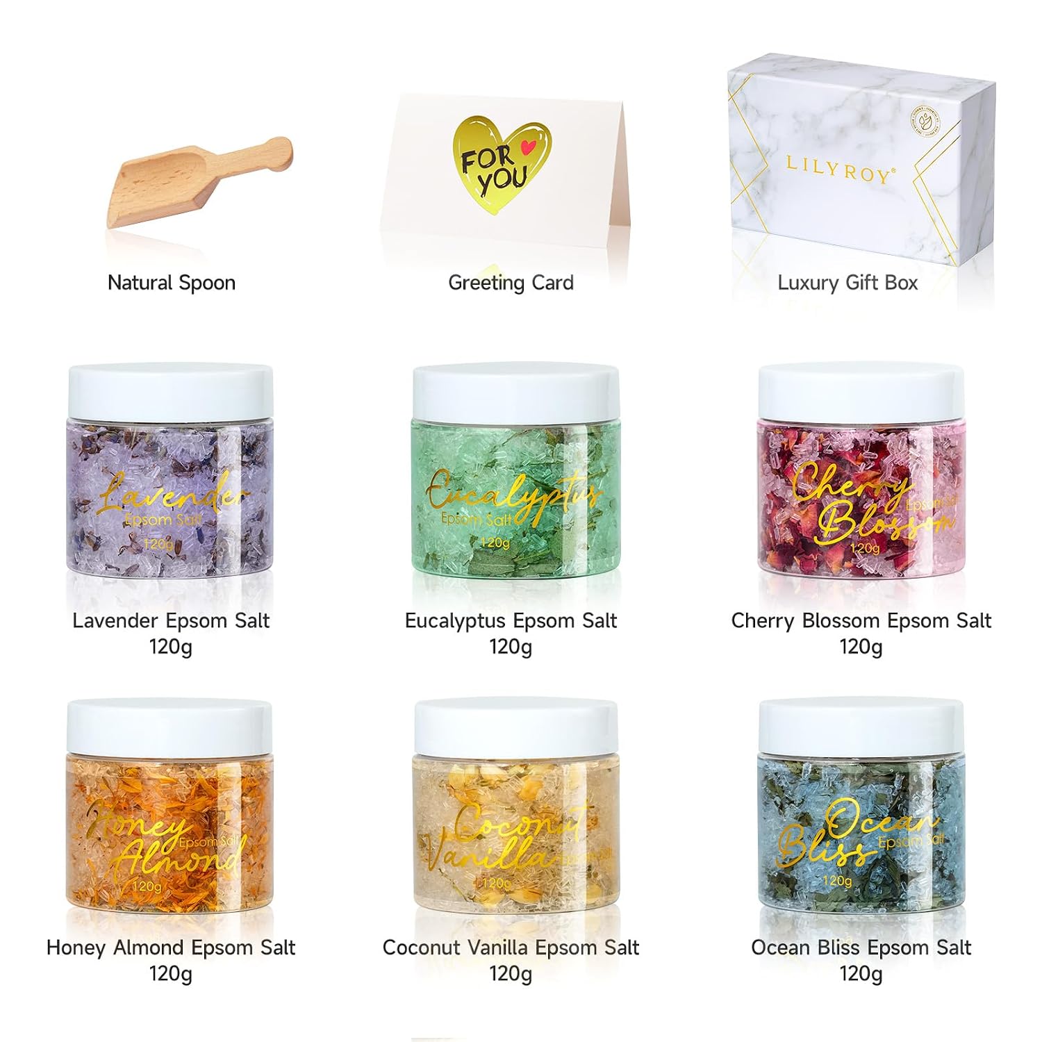 Gifts for Women & Men, Birthday Gifts - 9-Piece Floral Epsom Salt Gift Set for Women with 6 x 120g Epsom Salt, Bath and Body Gift Set in Elegant Box | Christmas, Mothers Day, Valentines Day for Her