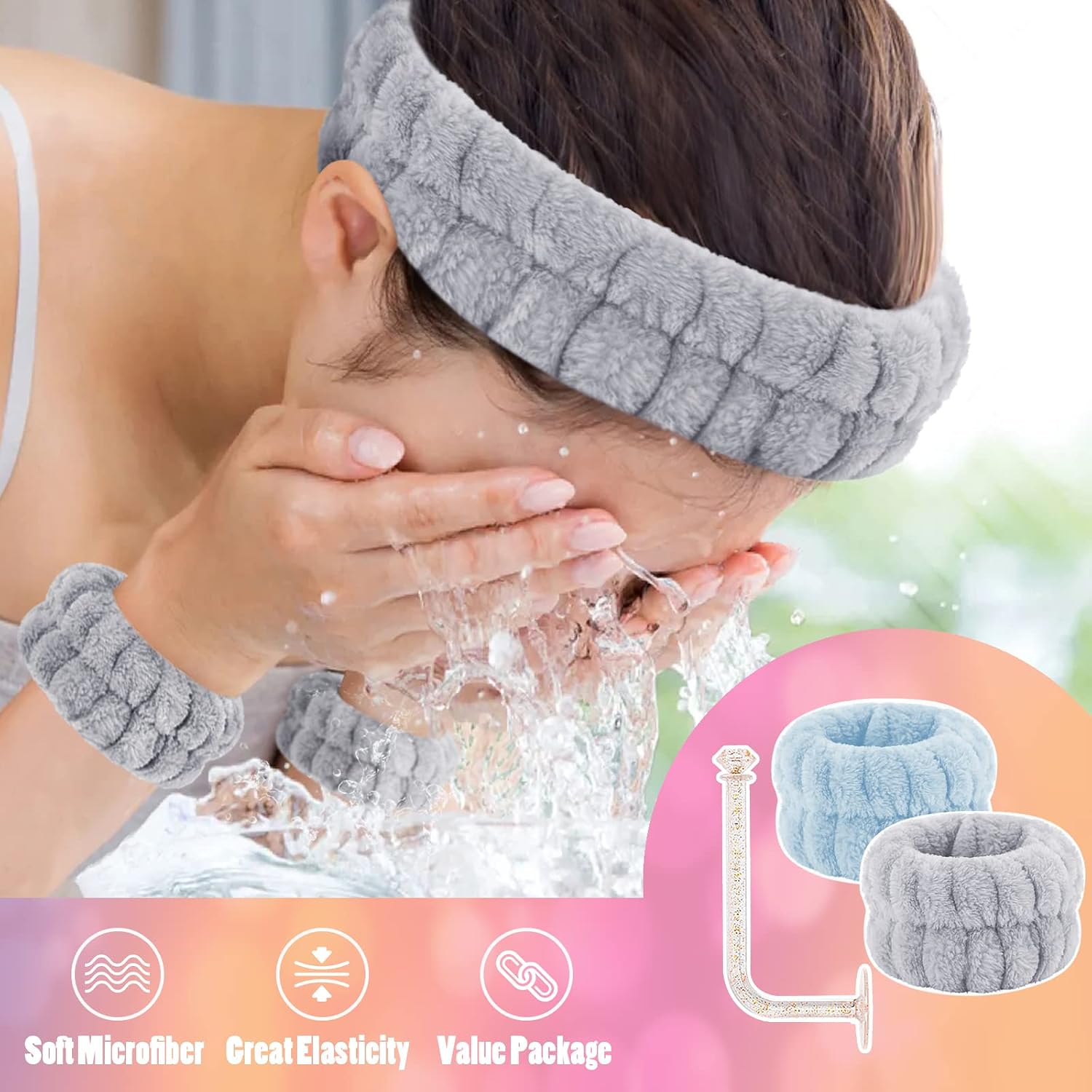CERETIA Face Wash Headband and Wristband Set of 2, Wrist Towels with Holder Microfiber Wristbands for Washing Face Absorbent Spa Wristbands Wrist Scrunchies
