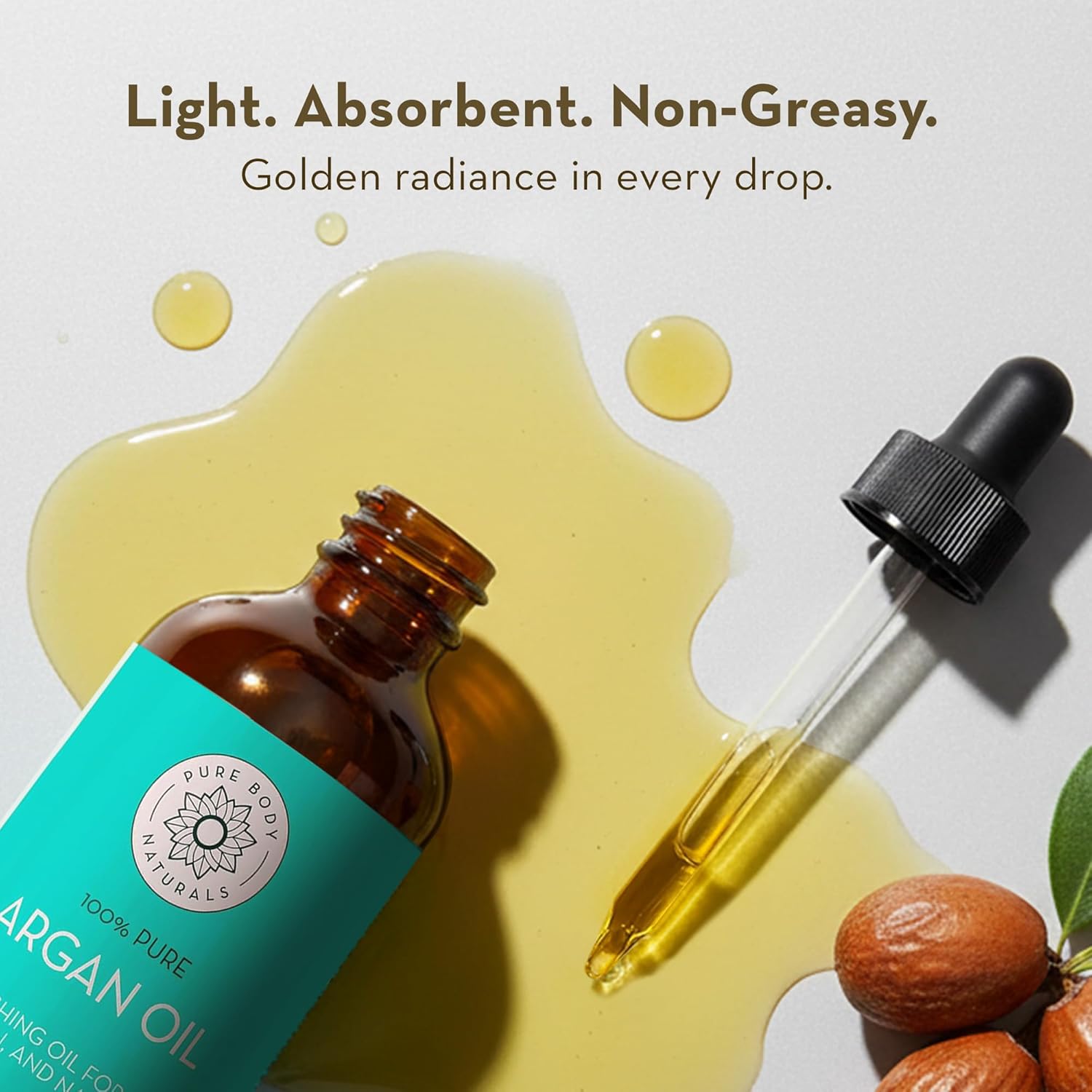 Pure Body Naturals Argan Oil for Skin and Face - 4 fl oz Cold Pressed, Light, Non-Greasy, Nourishing Pure Argan Oil for Hair - Aceite de Argan