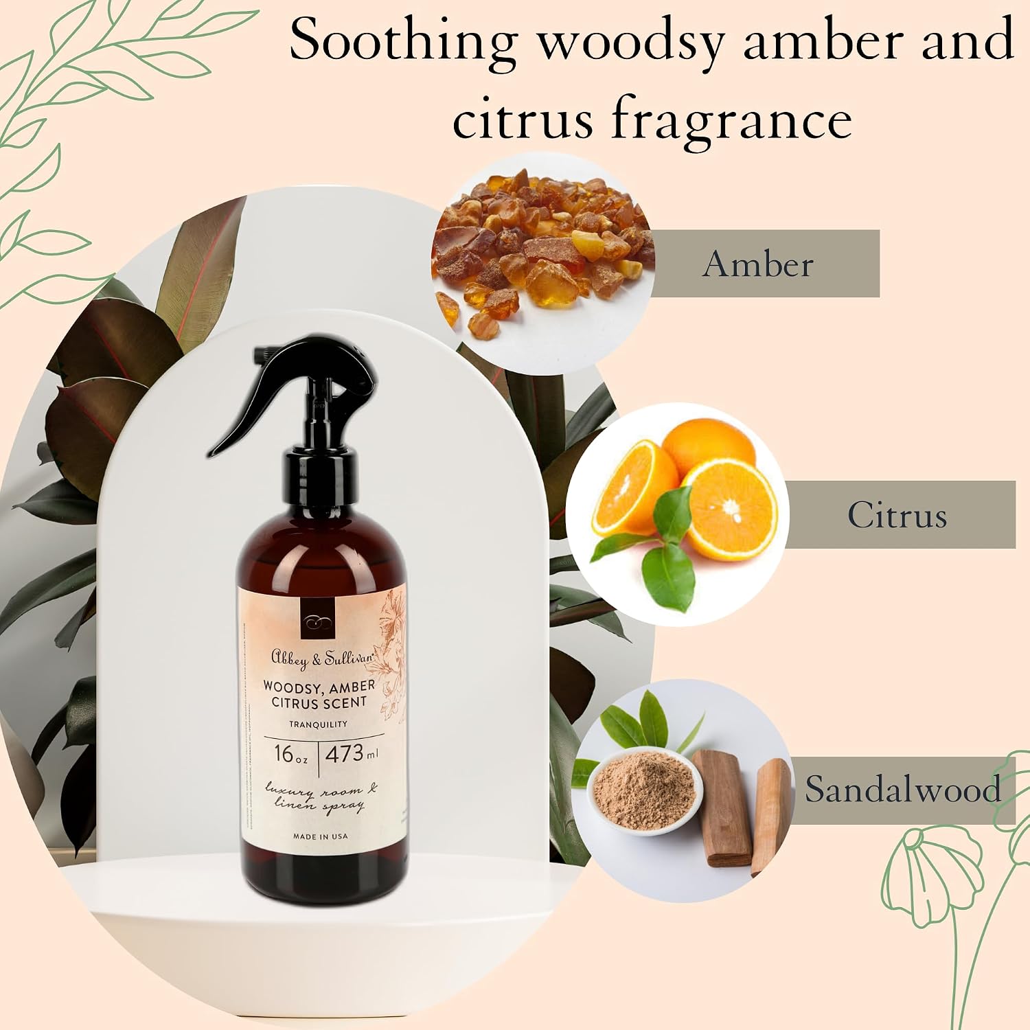 Abbey & Sullivan Linen Spray, Tranquility Warm Amber & Refreshing Citrus Odor Eliminating Scent, Pack of 2, 16 oz