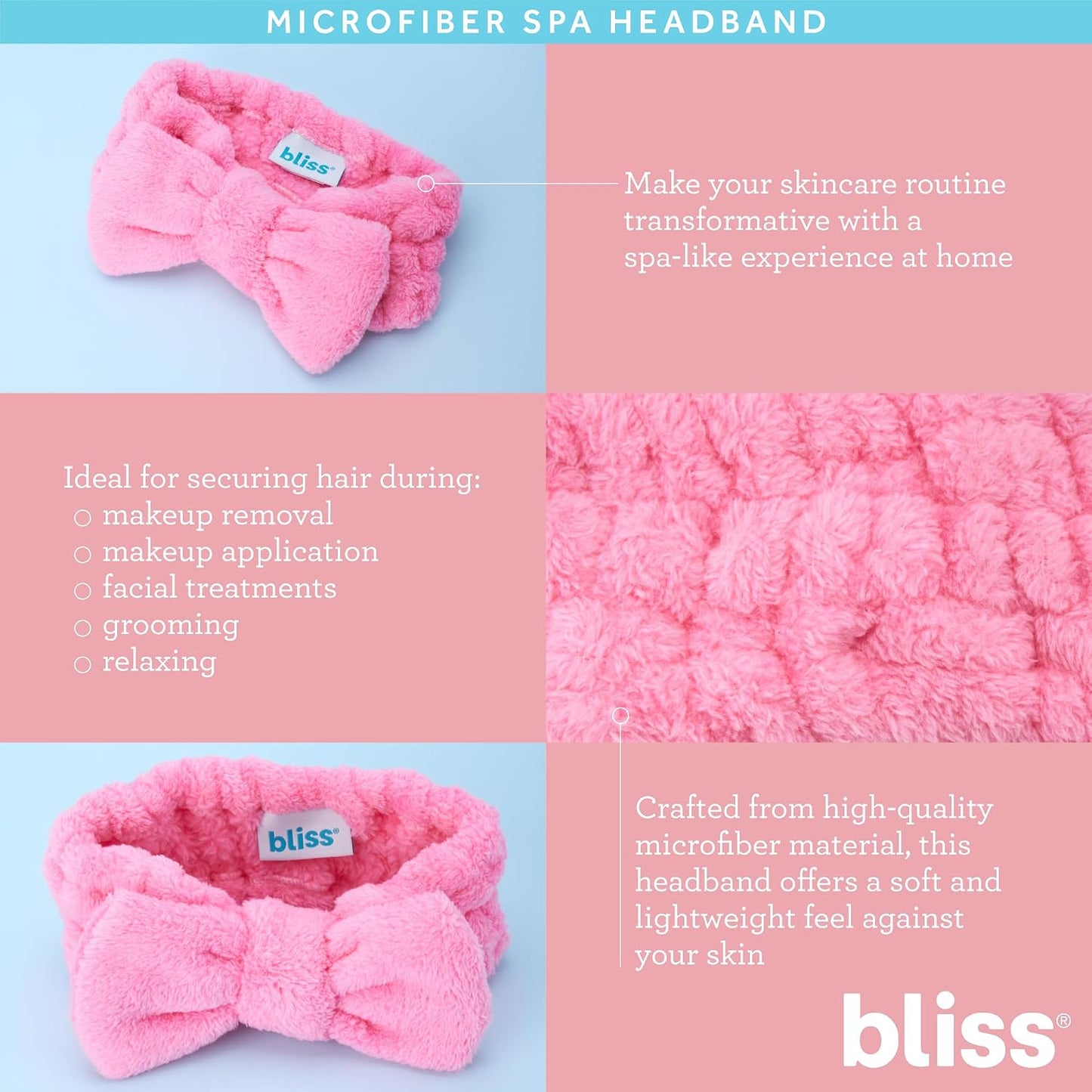 Bliss Women's 2 Pack Microfiber Towel Headband - Spa Headband for Washing Face, Skin Care, Makeup, and Messy Hair Wrap - Preppy Stuff Shower Hair Accessories for Women