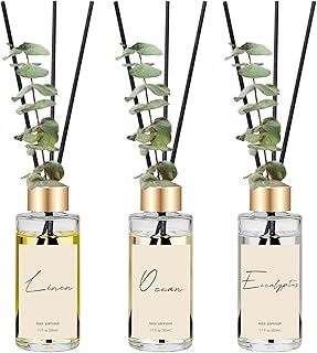 Reed Diffuser Set of 3, Eucalyptus, Linen & Ocean Scented Oil Diffusers with 15 Reeds, Long-Lasting Home Fragrance for Bedroom & Bathroom Decor, 1.7 fl oz Each, Total 5.1 oz
