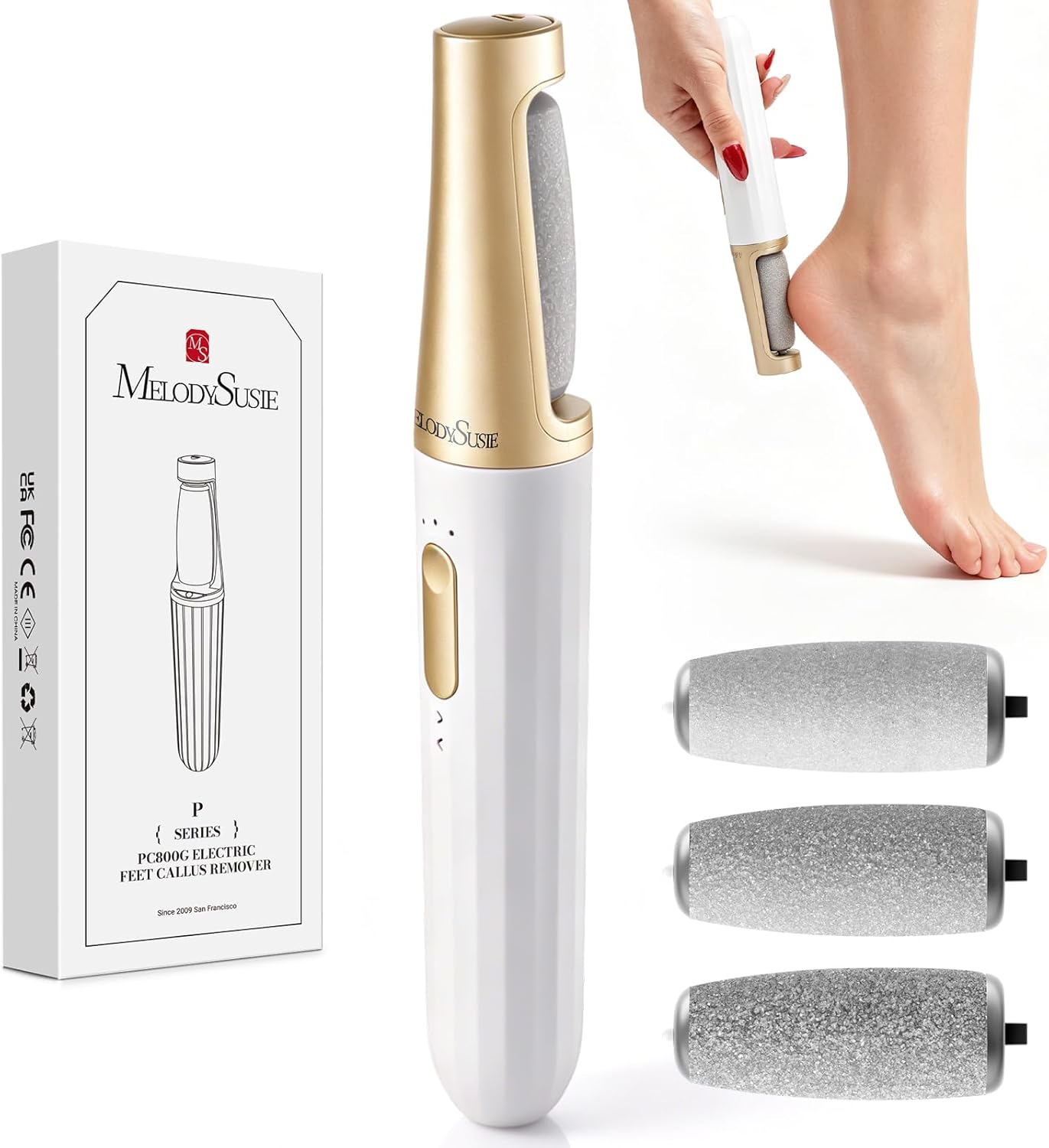 MelodySusie Electric Callus Remover for Feet, PC800G IPX7 Waterproof Rechargeable Pedicure Tool with LED Light & 3 Grits Roller Heads & Adjustable Speeds, for Dead Skin & Cracked Heel, White Gold