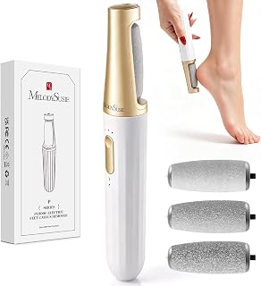 MelodySusie Electric Callus Remover for Feet, PC800G IPX7 Waterproof Rechargeable Pedicure Tool with LED Light & 3 Grits Roller Heads & Adjustable Speeds, for Dead Skin & Cracked Heel, White Gold