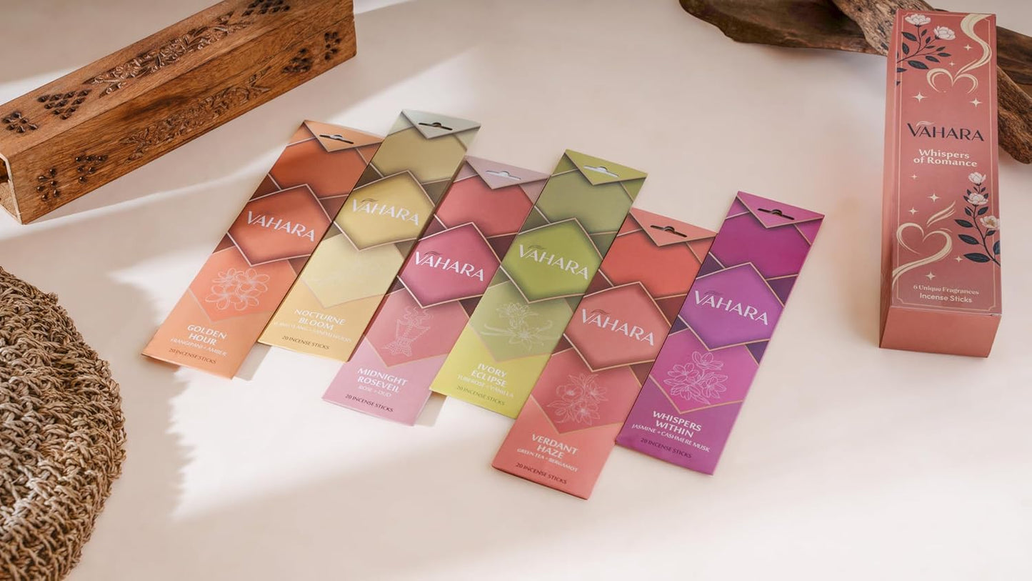 Premium VAHARA Incense Sticks Variety Pack – Natural Masala Incense Sticks, Premium VAHARA Hand-Rolled Incense for Home Fragrance, Aromatherapy & Meditation (Whispers of Romance, 6 Fragrance Packs)
