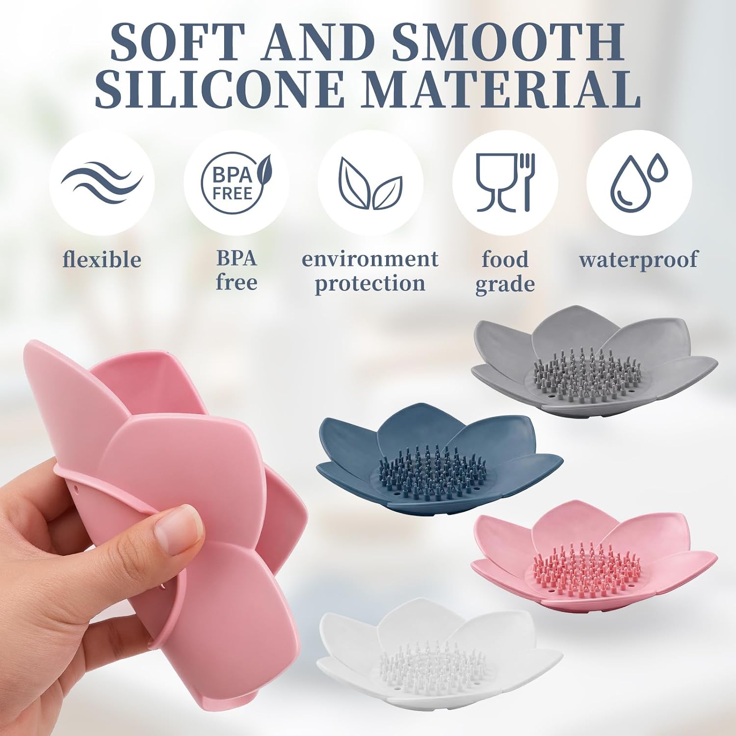 4 Pack Lotus Shower Steamer Trays, Silicone Soap Holder with Self Draining - Elegant Mixed Colors Lotus Flower Shape Soap Dish, Perfect for Bathroom Counter, Kitchen Sink, Shower Organizer