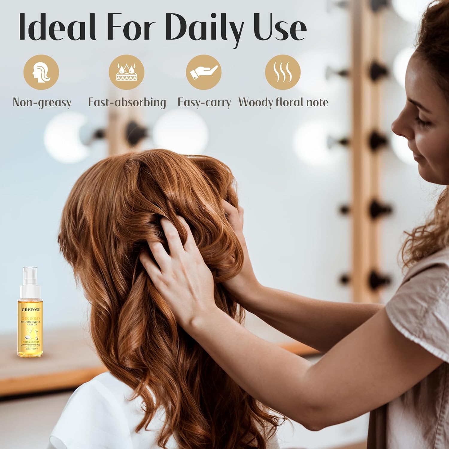 GREEONIL 24K Gold Argan, Coconut, and Olive Oil Serum for Frizz Control, Shine, and Split End Repair - Nourishing Hair Treatment with Vitamin E, 2.02 fl oz, 60ml