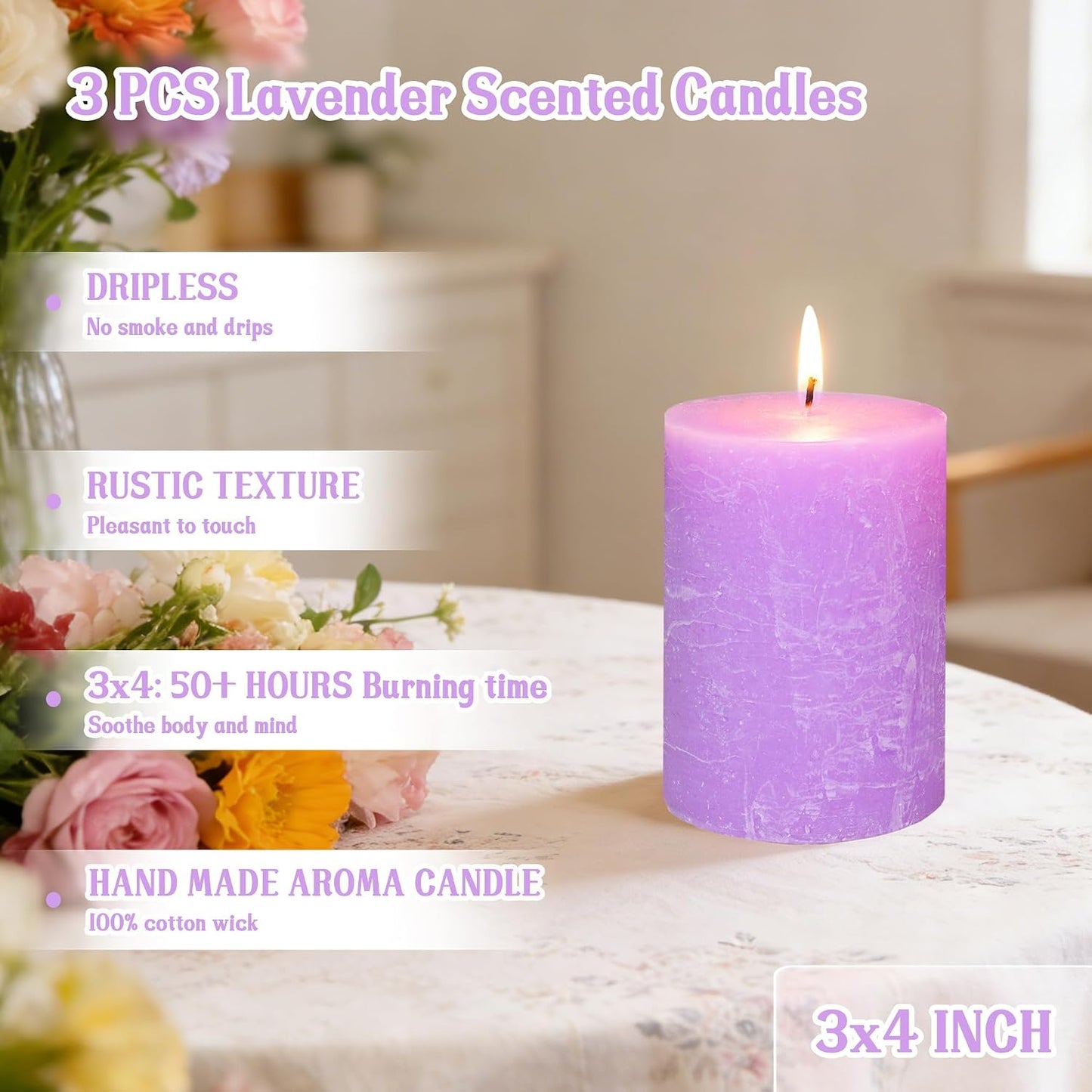 Purple Pillar Candles 3x4 Inch 100% Cotton Core Smokeless Dripless Handmade Lavender Scented 50H+ Long Burning1PC Aromatherapy Candle, Spring Home Decor, Dinner Table, Bathroom, Rustic Decor, Set of 3