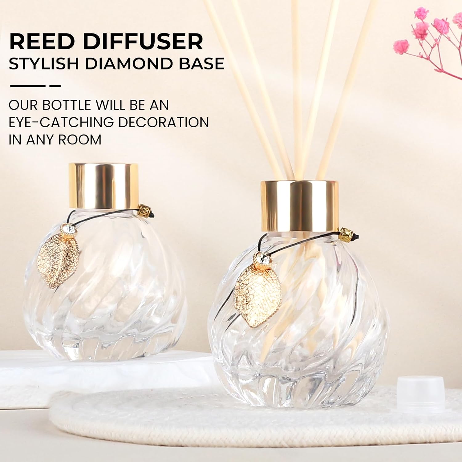 4-Piece Reed Diffuser Set with Metal Golden Decoration, 3.5-4.2oz Empty Bottles and 20 Reed Sticks, Unique Design for Home and Office (4 Different Bottles)