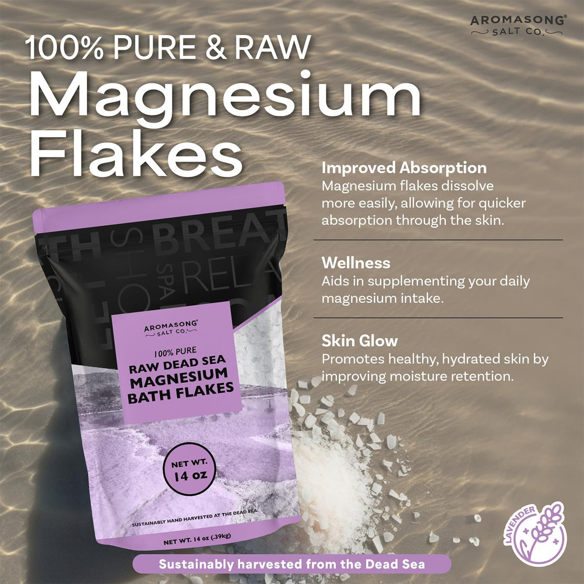 Aromasong RAW Magnesium Bath Flakes with 100% Natural Lavender, 14 Oz. Muscle Relaxing Organic Salts Mg Chloride, Mineral Soak Salt.