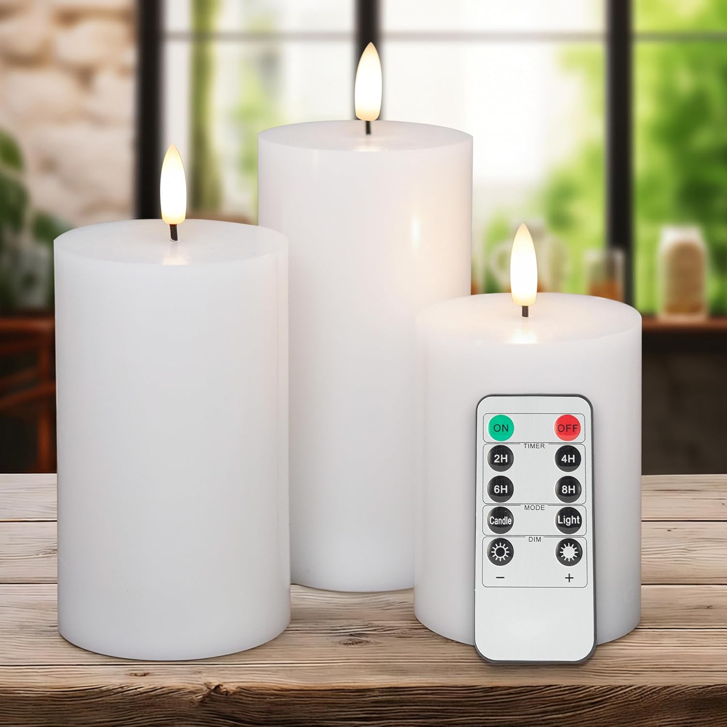 White Flameless Pillar Candles, Battery Operated Wax Candles with Remote, Flat Top Flickering Flameless Candles, LED Candle for Home, Wedding, Party Decor, Set of 3, Φ 3" H 4" 5" 6"