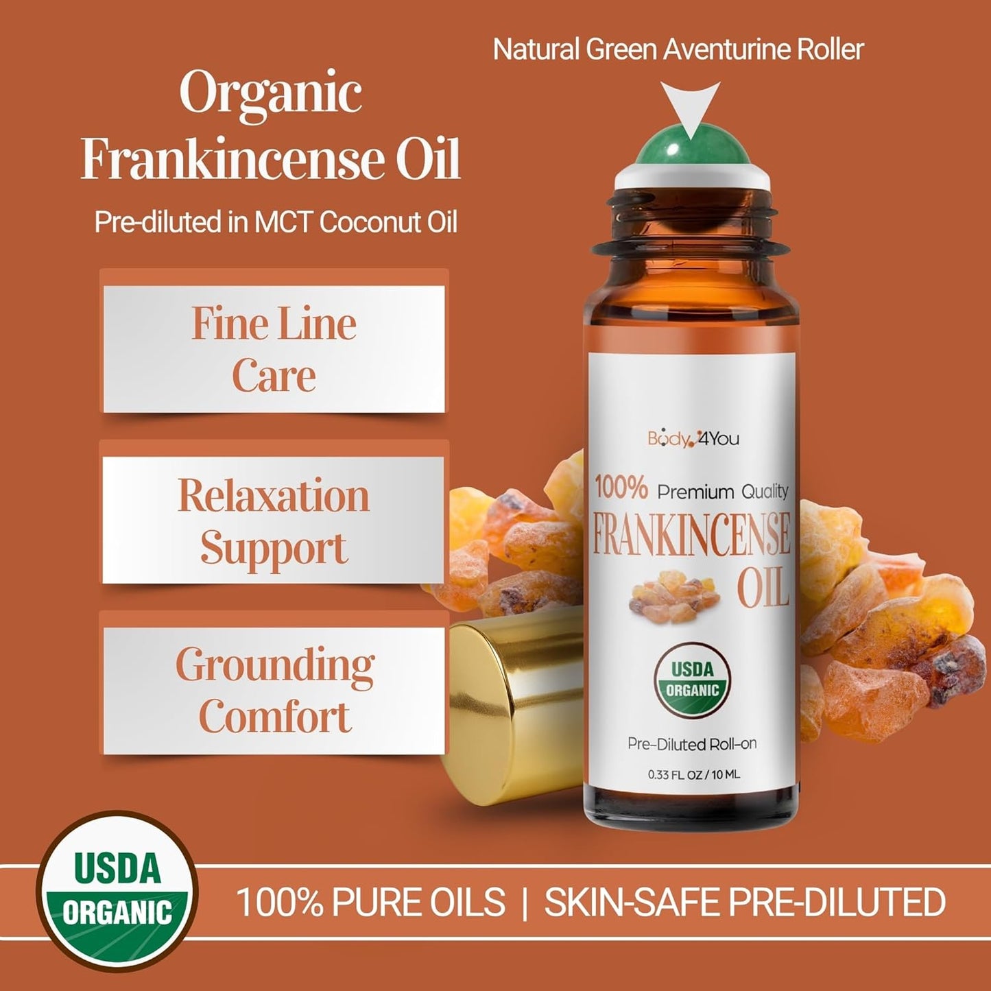 BodyJ4You Peppermint + Frankincense Essential Oil Roll On Duo - Pure 100% USDA Organic MCT Coconut Oil - Clear Quartz and Green Aventurine Stone Rollers - Cooling Focus Grounding Pulse Point Skin Care