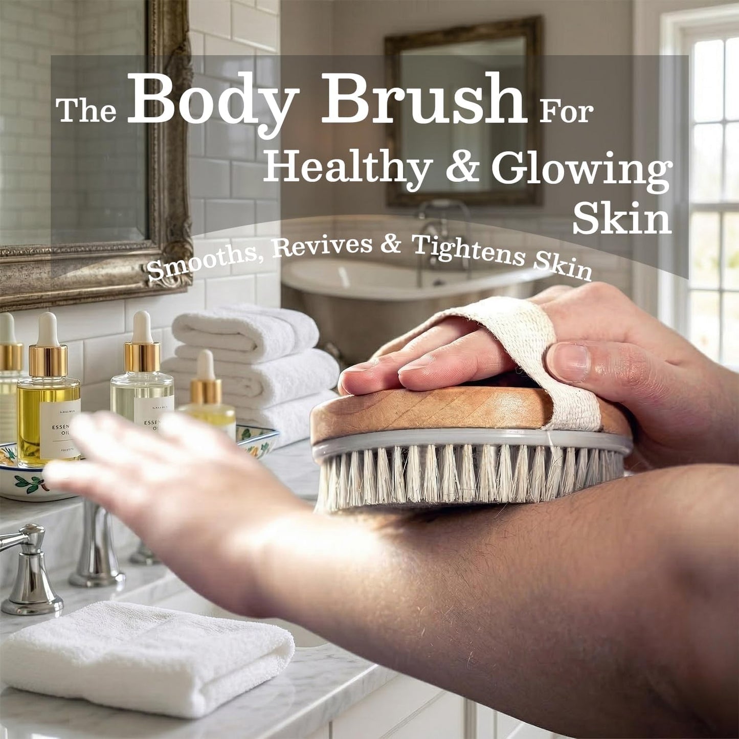 Large Dry Brushing Body Brush - Natural Boar Bristle Brush for Lymphatic Drainage, Cellulite, Blood Circulation - Skin Massage Nodes for Detox, Flawless Skin, Exfoliating Body Scrubber