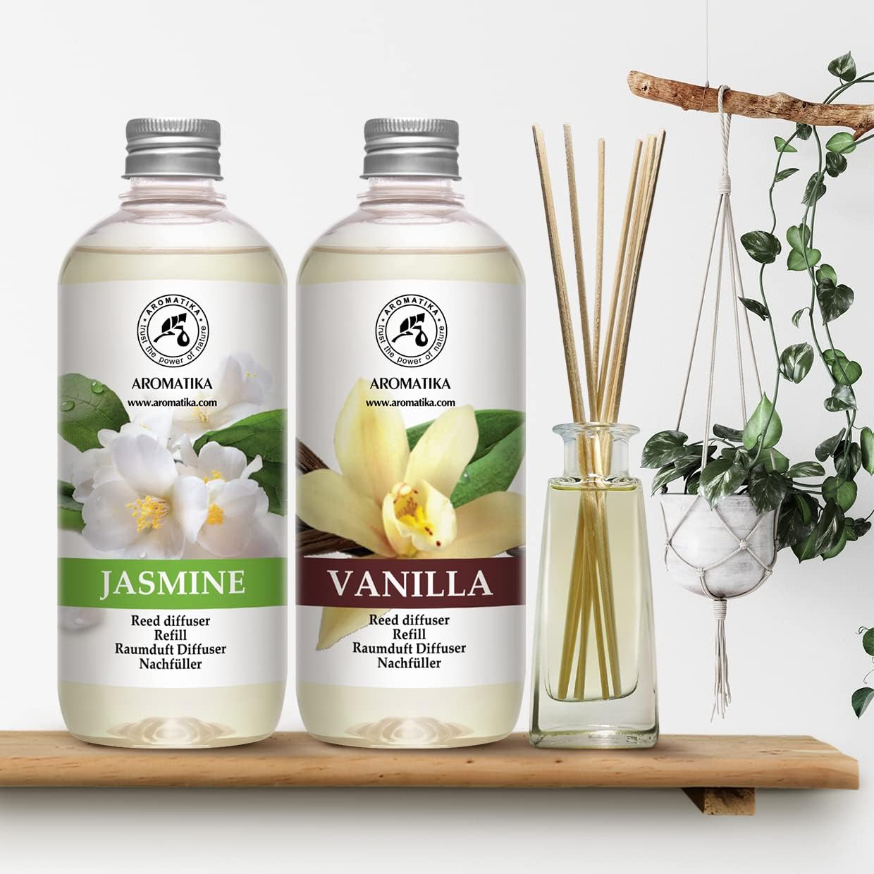 Reed Diffuser Refill Set Vanille & Jasmine with Jasmine Essential Oil 34 Fl Oz - 2 x 500ml - Fragrance Oil Reed Diffuser Refill - Room Freshener - Floral Fragrance
